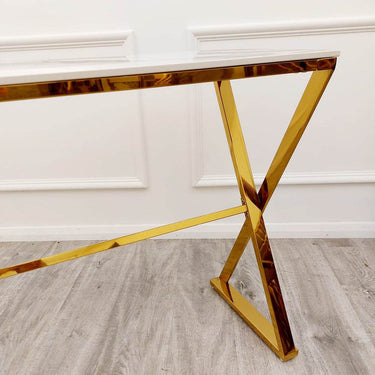 Zion Console Table with Polished Gold Legs and Elegant Polar White Sintered Surface - UK Luxury Furniture